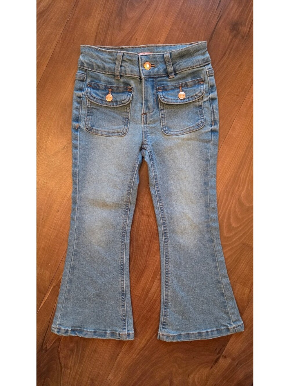 Victory Heart Girls Size 5 Flare Jeans Medium Wash Retro Patch Pockets, 316